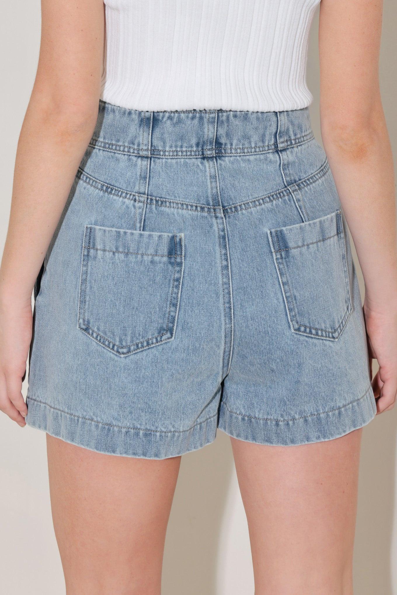 Sunlit Denim Moment Shorts in light indigo, view 6 — Soul Flow Apparel