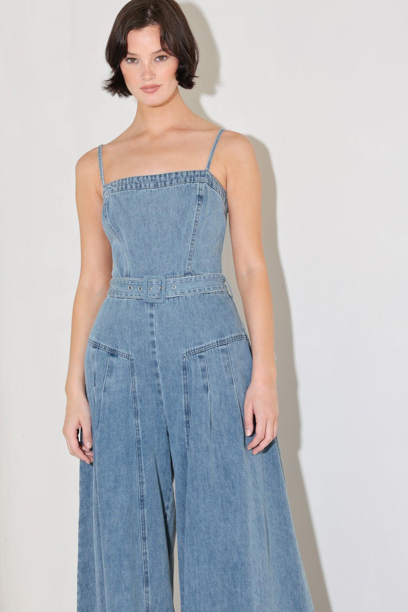 Coastal Confidence Denim Jumpsuit in light, view 1 — Soul Flow Apparel