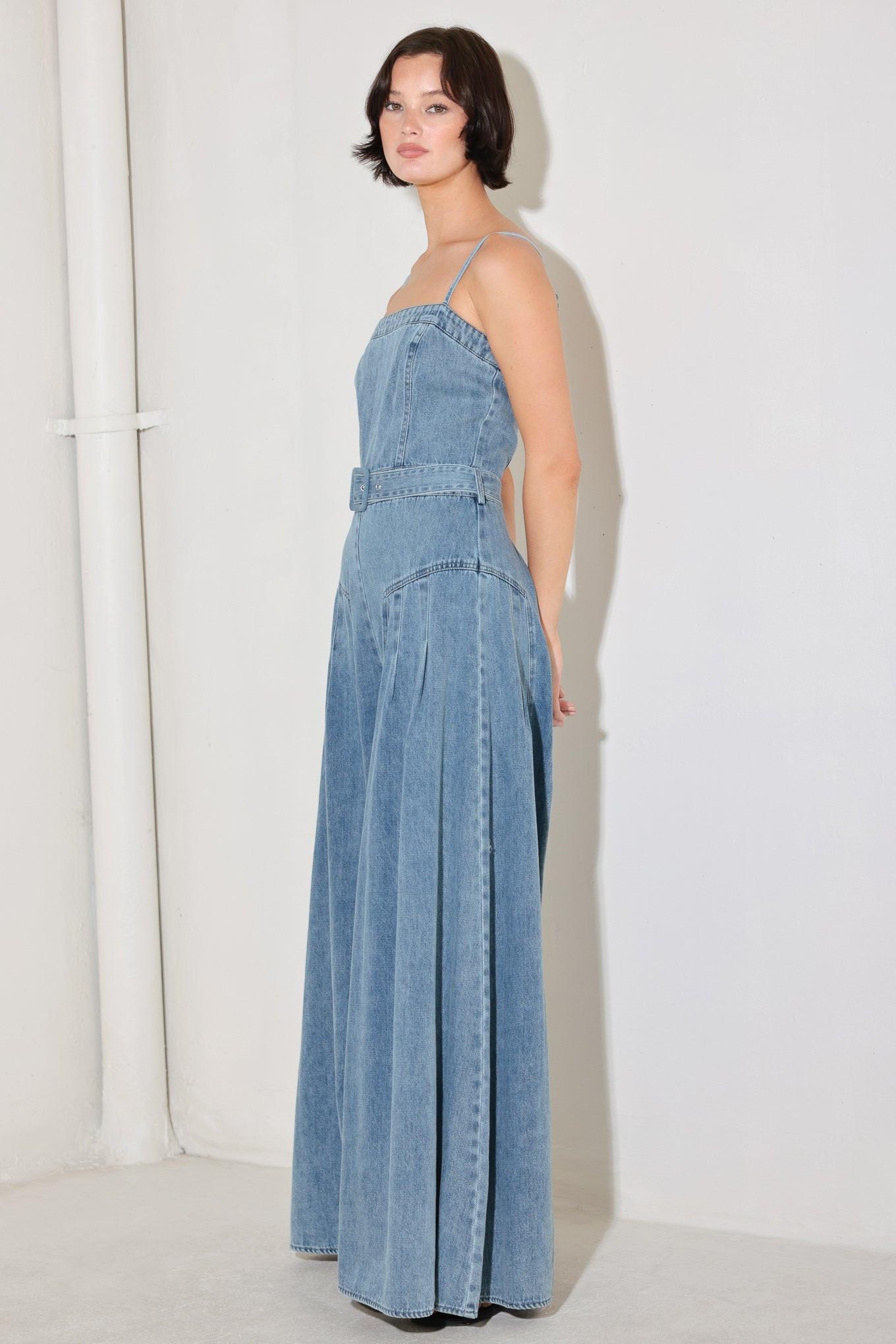 Coastal Confidence Denim Jumpsuit in light, view 2 — Soul Flow Apparel