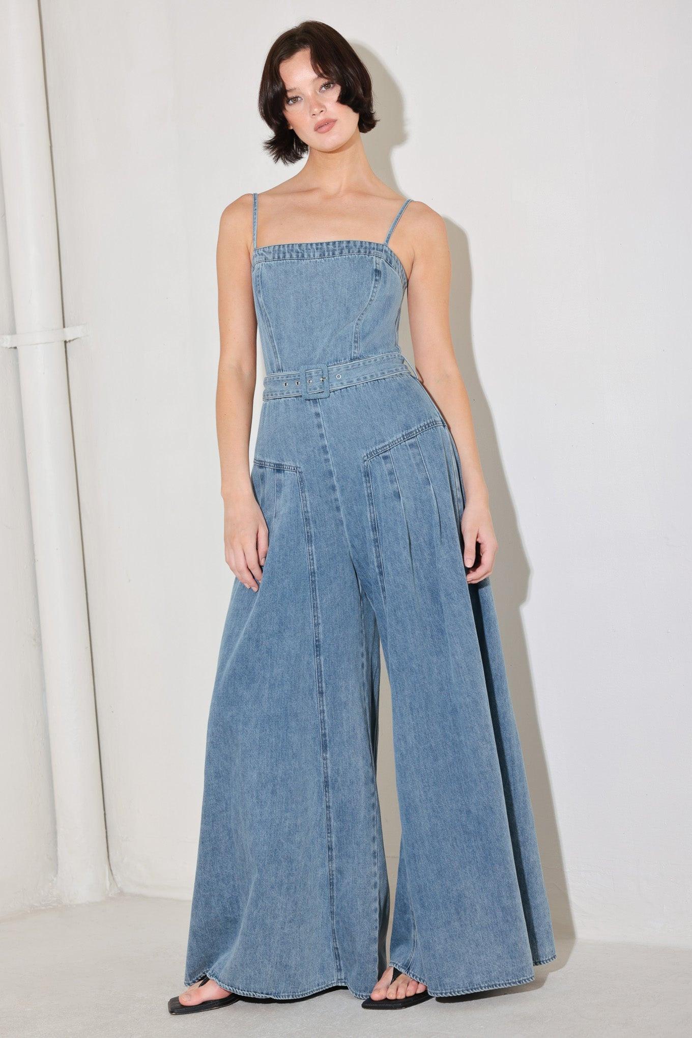 Coastal Confidence Denim Jumpsuit in light, view 3 — Soul Flow Apparel