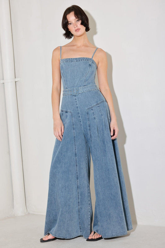 Coastal Confidence Denim Jumpsuit in light, view 3 — Soul Flow Apparel