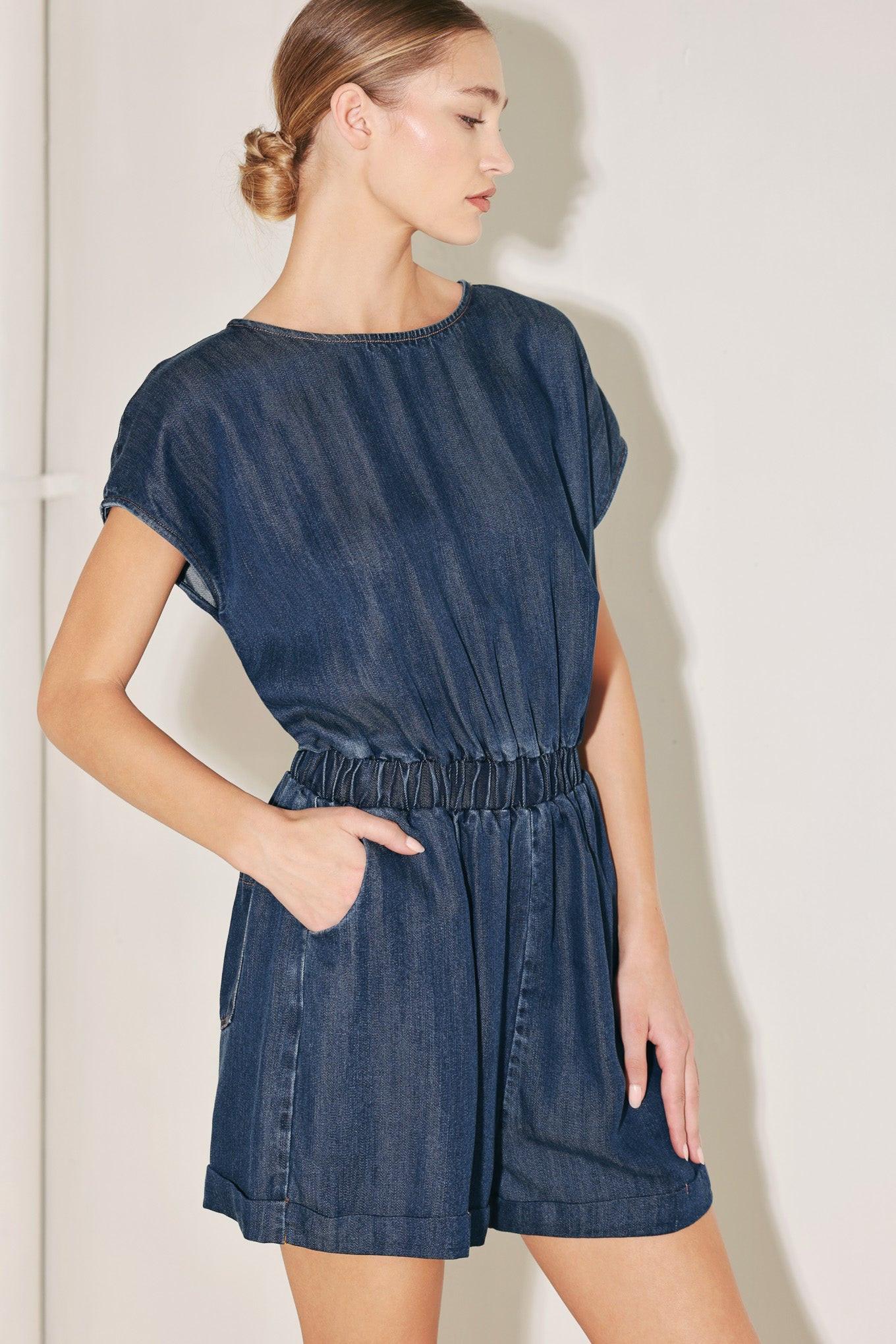 Modern Marina Woven Romper in medium indigo, view 3 — Soul Flow Apparel