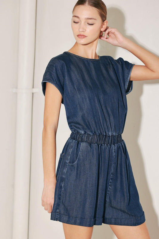Modern Marina Woven Romper in medium indigo, view 4 — Soul Flow Apparel