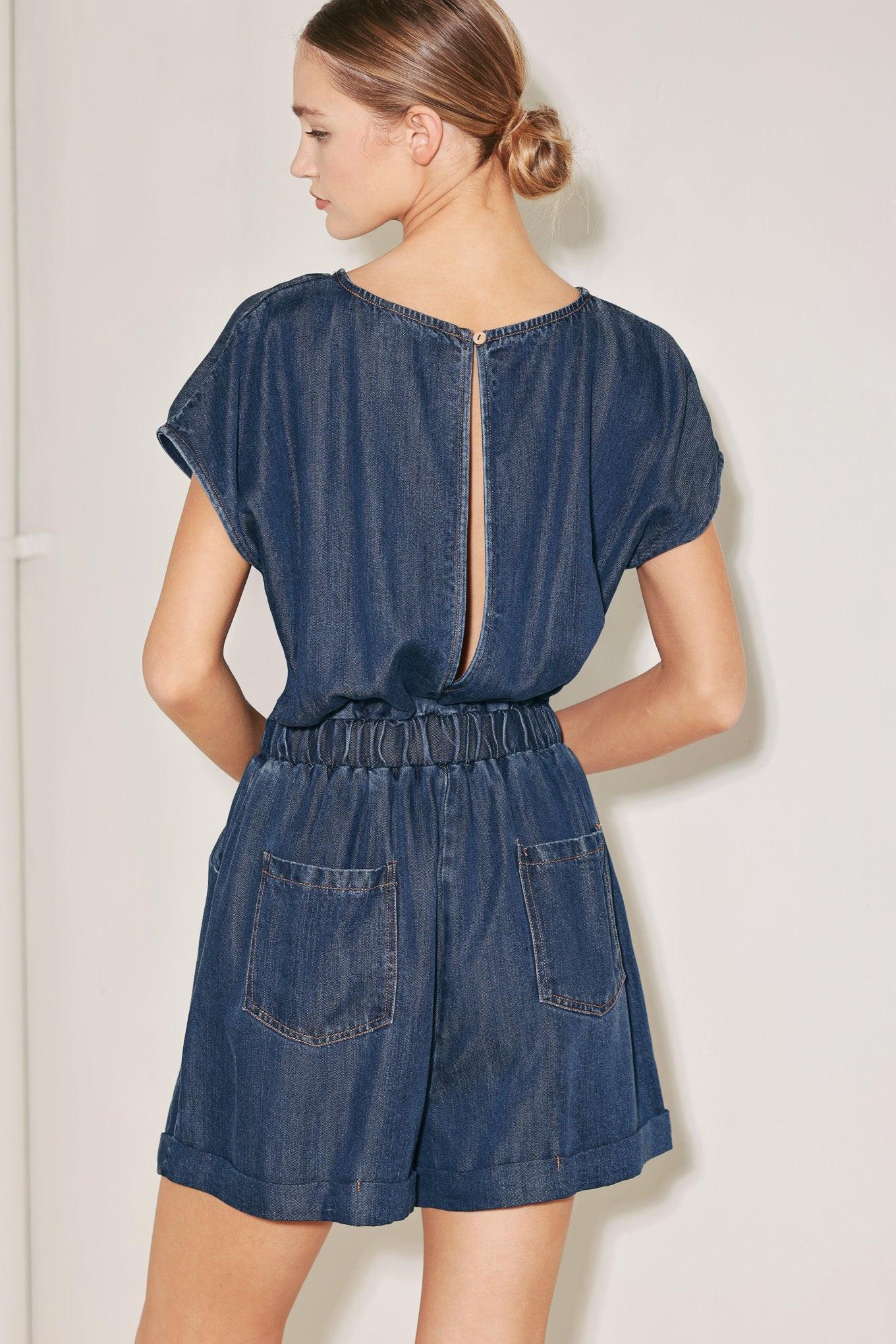 Modern Marina Woven Romper in medium indigo, view 5 — Soul Flow Apparel