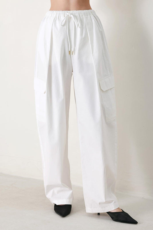 Crisp Essential Woven Ballon Pants in off-white, view 1 — Soul Flow Apparel