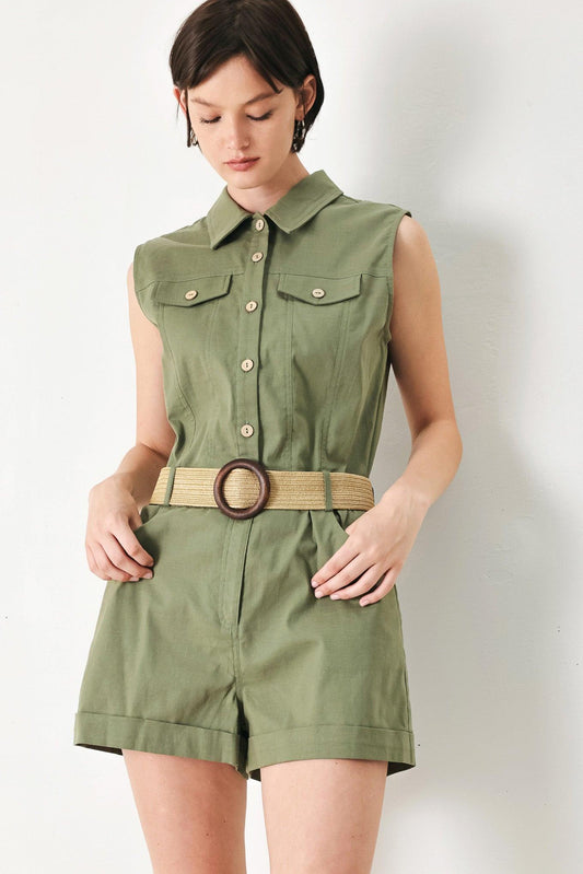 Cutie Explorer Woven Romper in light olive, view 2 — Soul Flow Apparel