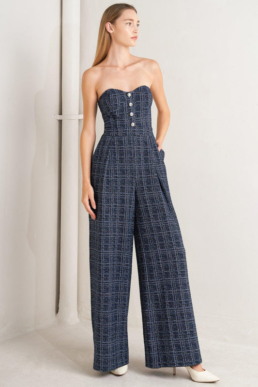 Elegant Party Tweed Jumpsuit in navy multi, view 1 — Soul Flow Apparel