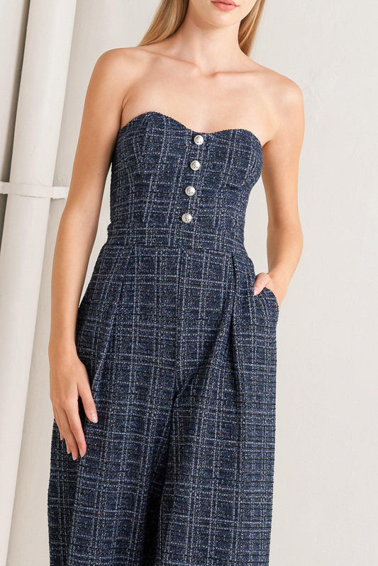 Elegant Party Tweed Jumpsuit in navy multi, view 2 — Soul Flow Apparel
