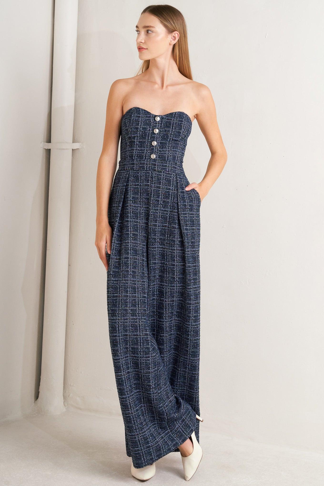 Elegant Party Tweed Jumpsuit in navy multi, view 3 — Soul Flow Apparel