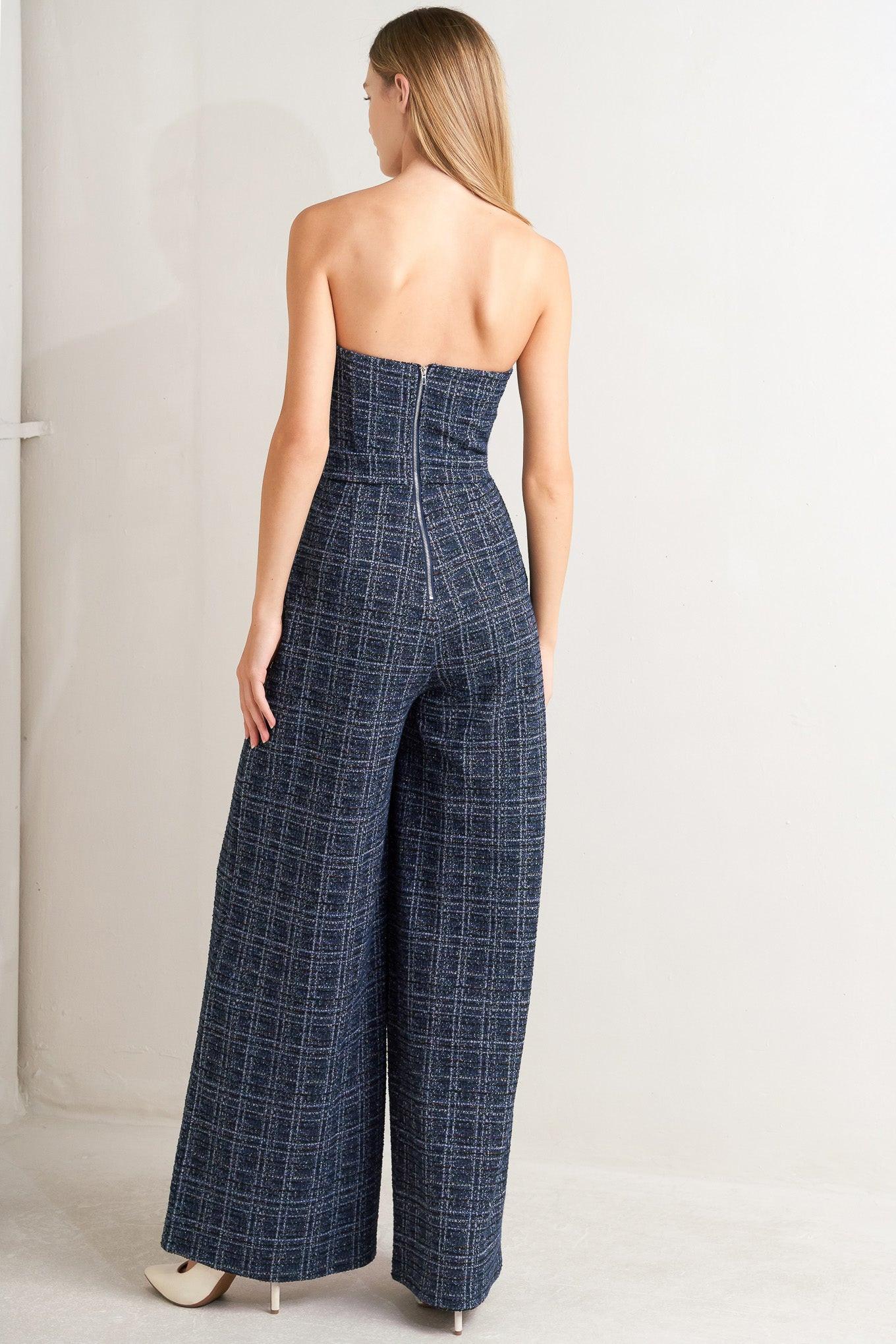 Elegant Party Tweed Jumpsuit in navy multi, view 4 — Soul Flow Apparel