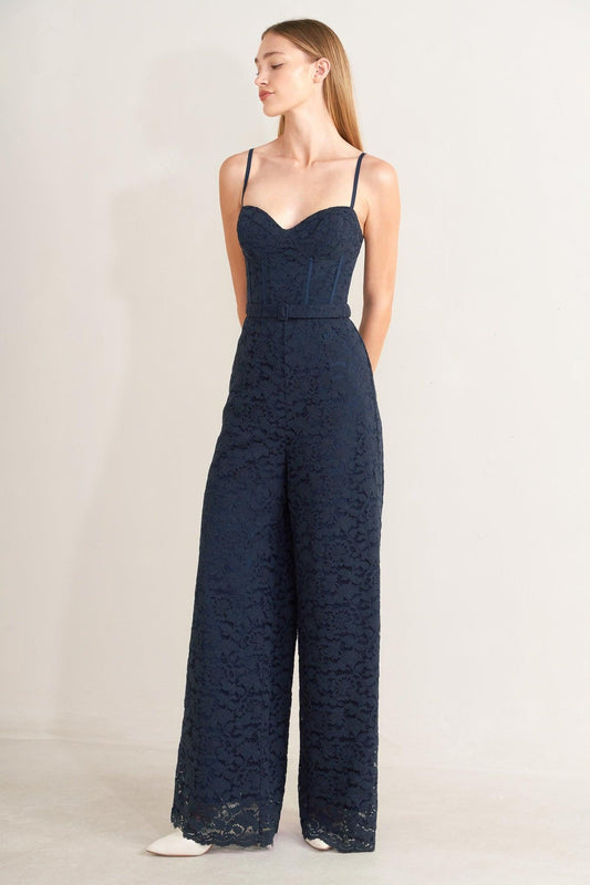 Evening Muse Woven Lace Jumpsuit in navy, view 2 — Soul Flow Apparel
