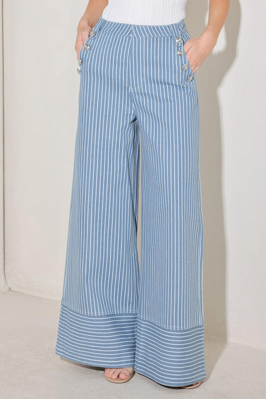 Pinstripe Prestige Woven Pants in denim white, view 1 — Soul Flow Apparel