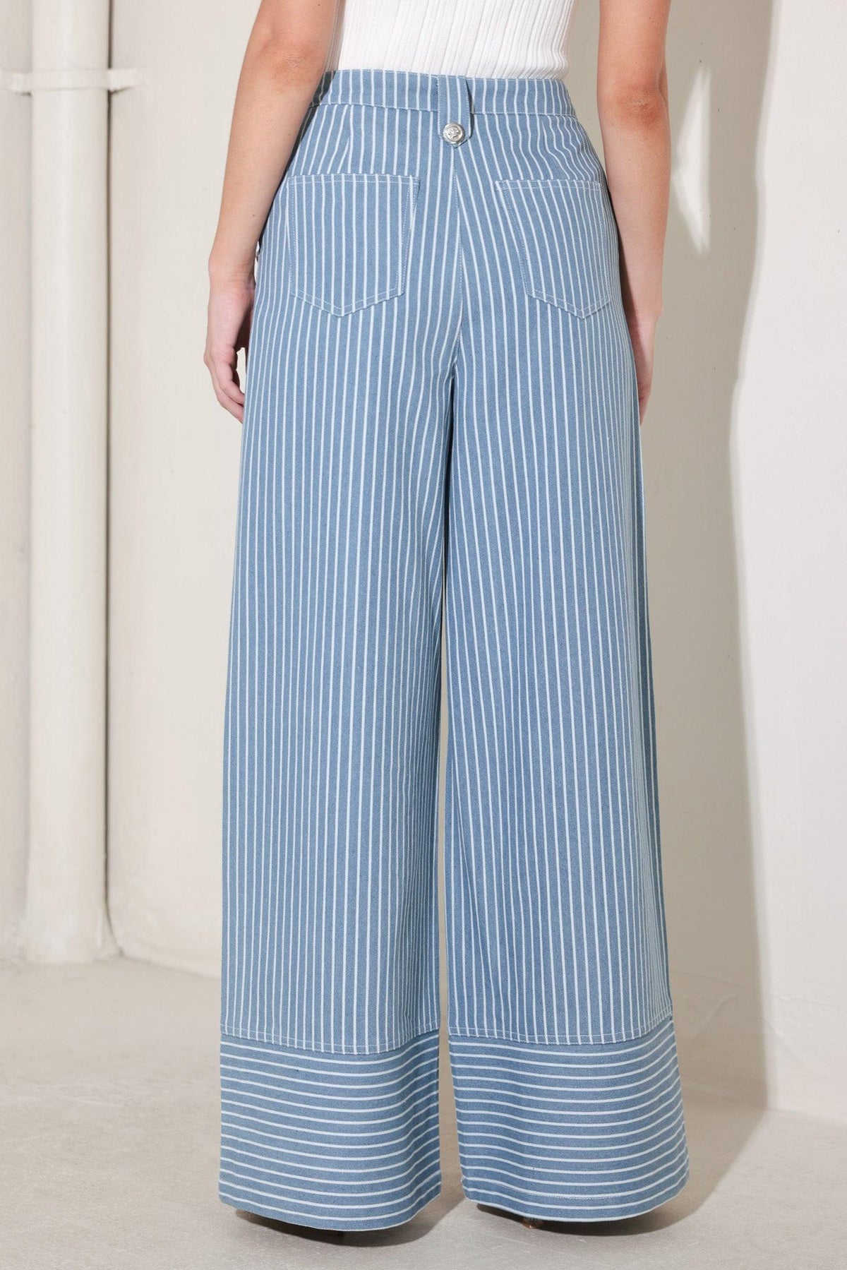 Pinstripe Prestige Woven Pants in denim white, view 6 — Soul Flow Apparel