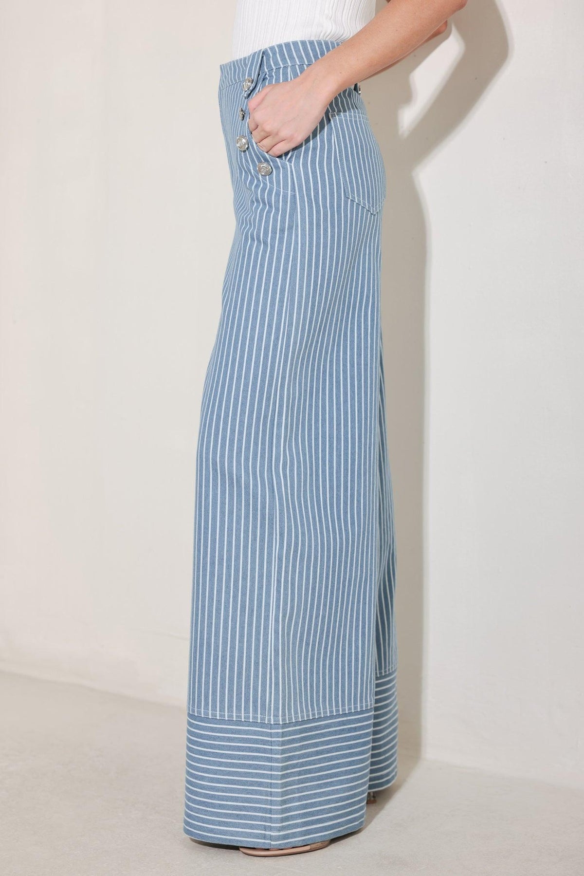 Pinstripe Prestige Woven Pants in denim white, view 7 — Soul Flow Apparel