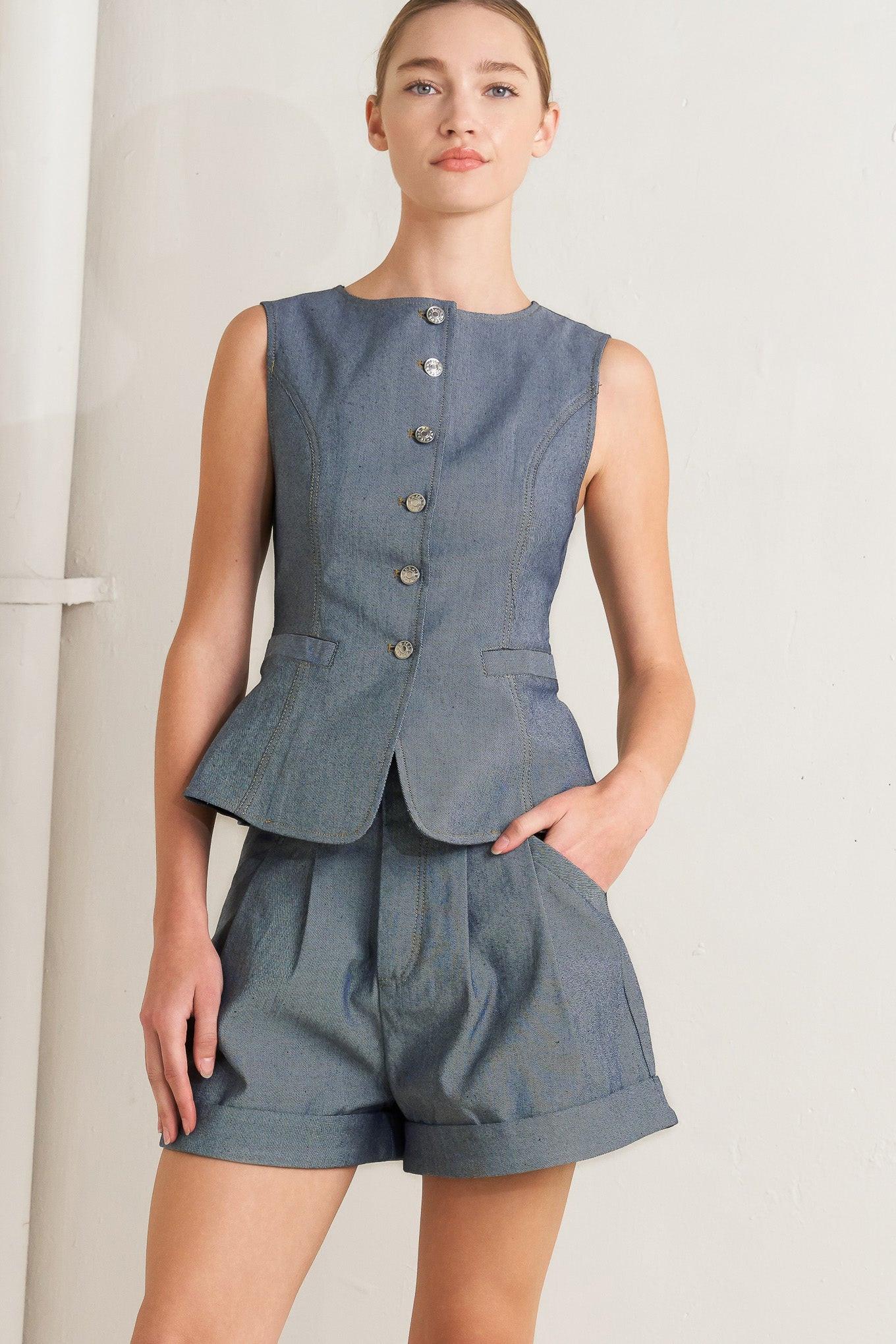 Confidently Cool Tailored Woven Short in light indigo, view 2 — Soul Flow Apparel