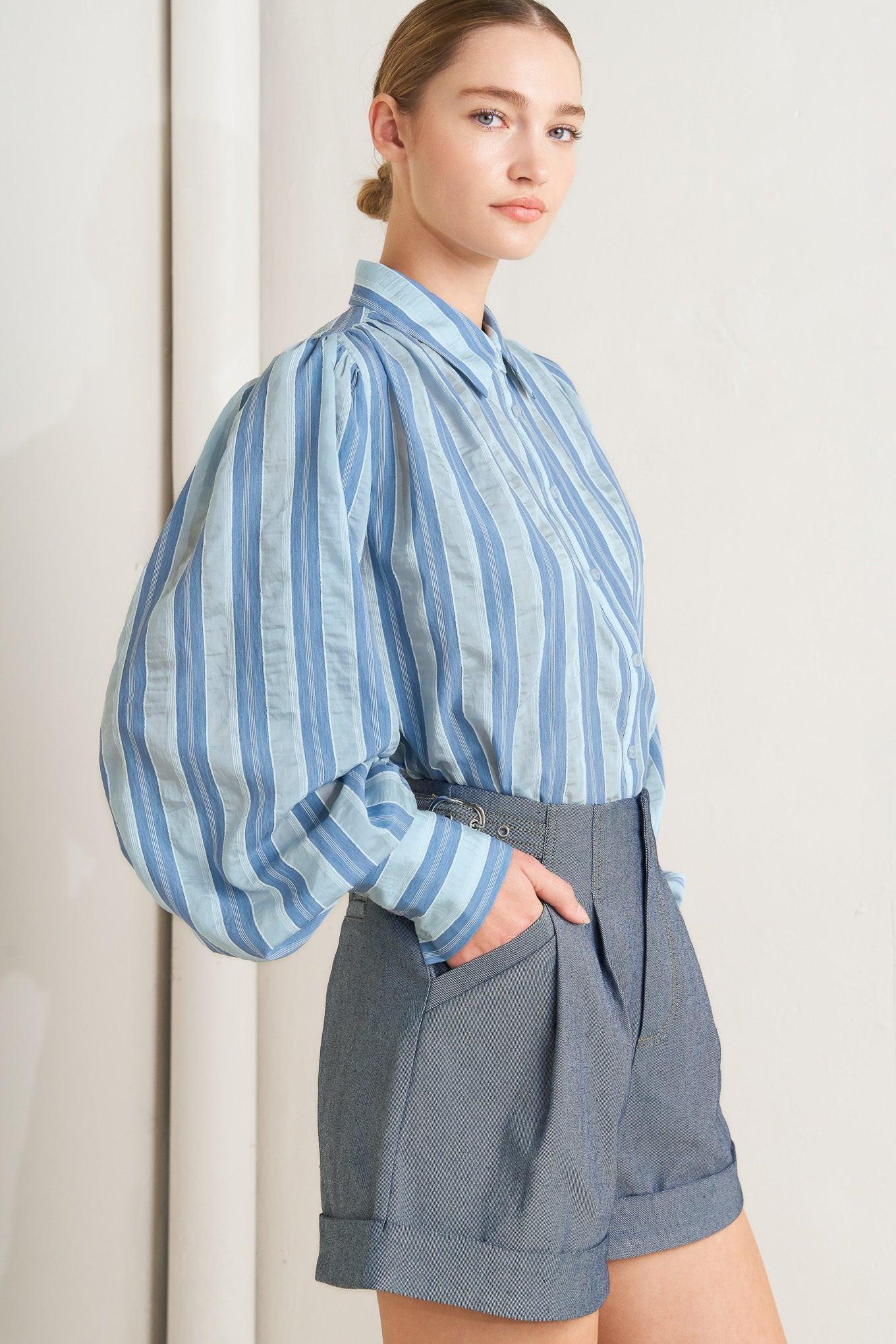 Confidently Cool Tailored Woven Short in light indigo, view 3 — Soul Flow Apparel