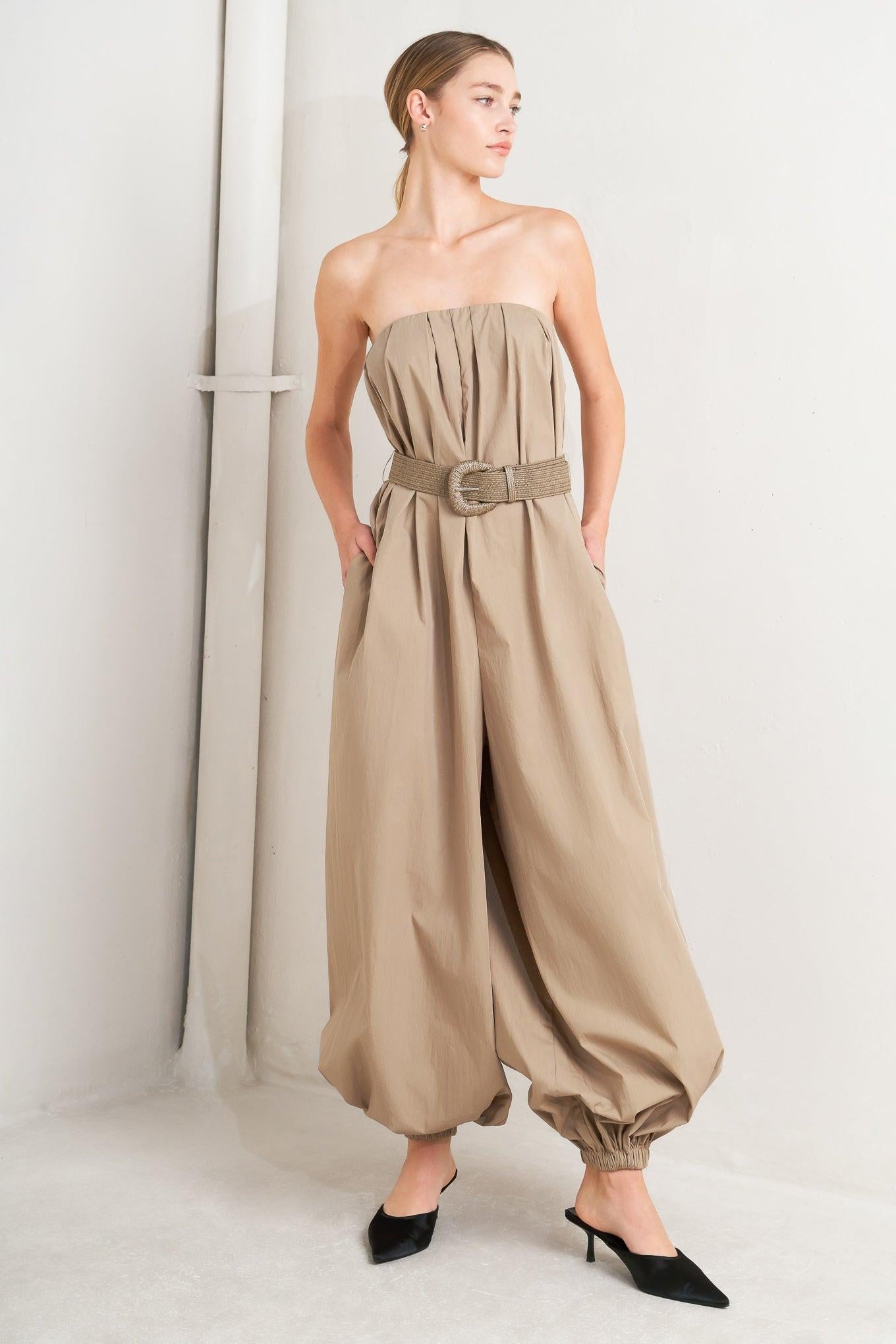 Quiet Sensuality Woven Jumpsuit in sand, view 1 — Soul Flow Apparel