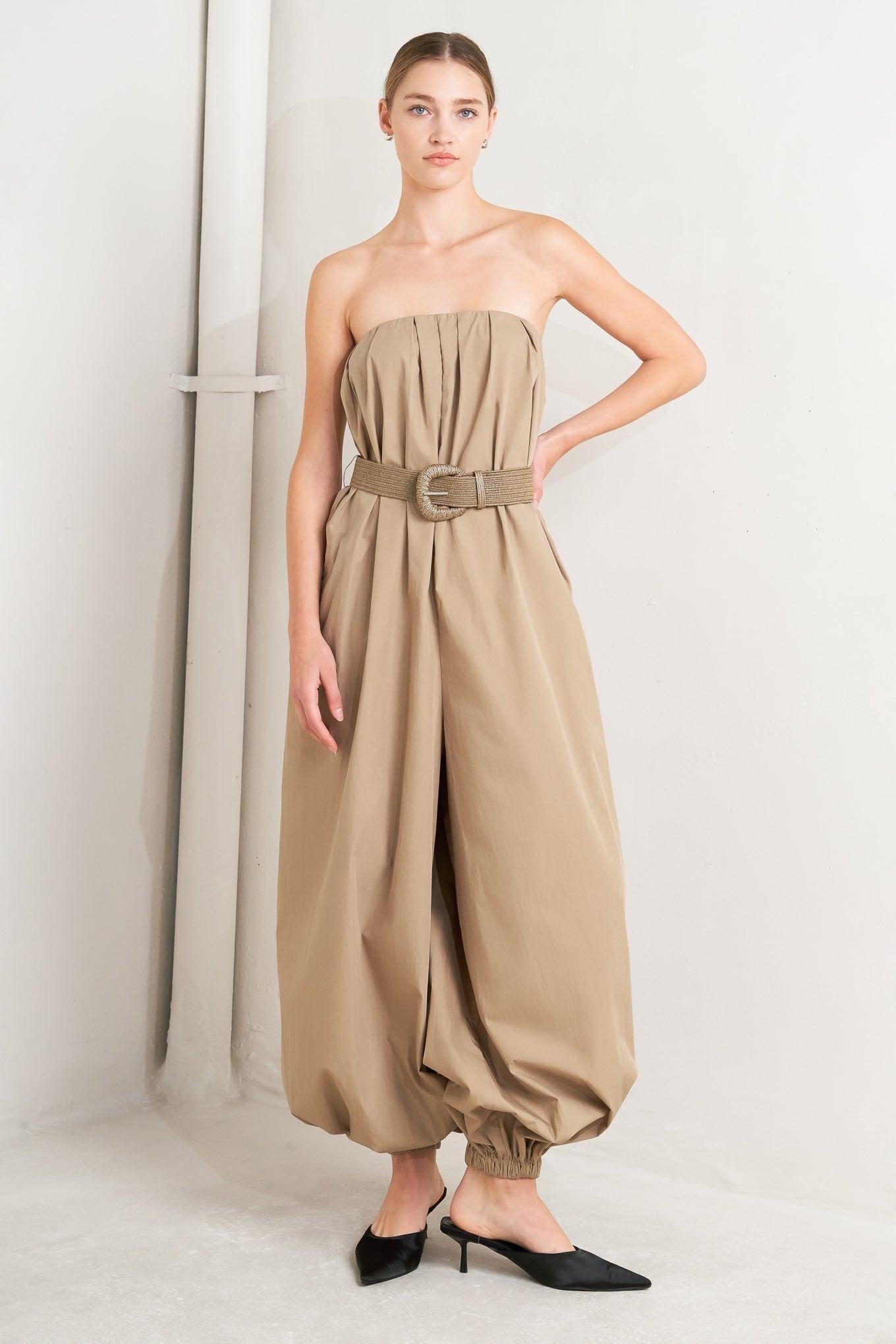Quiet Sensuality Woven Jumpsuit in sand, view 2 — Soul Flow Apparel