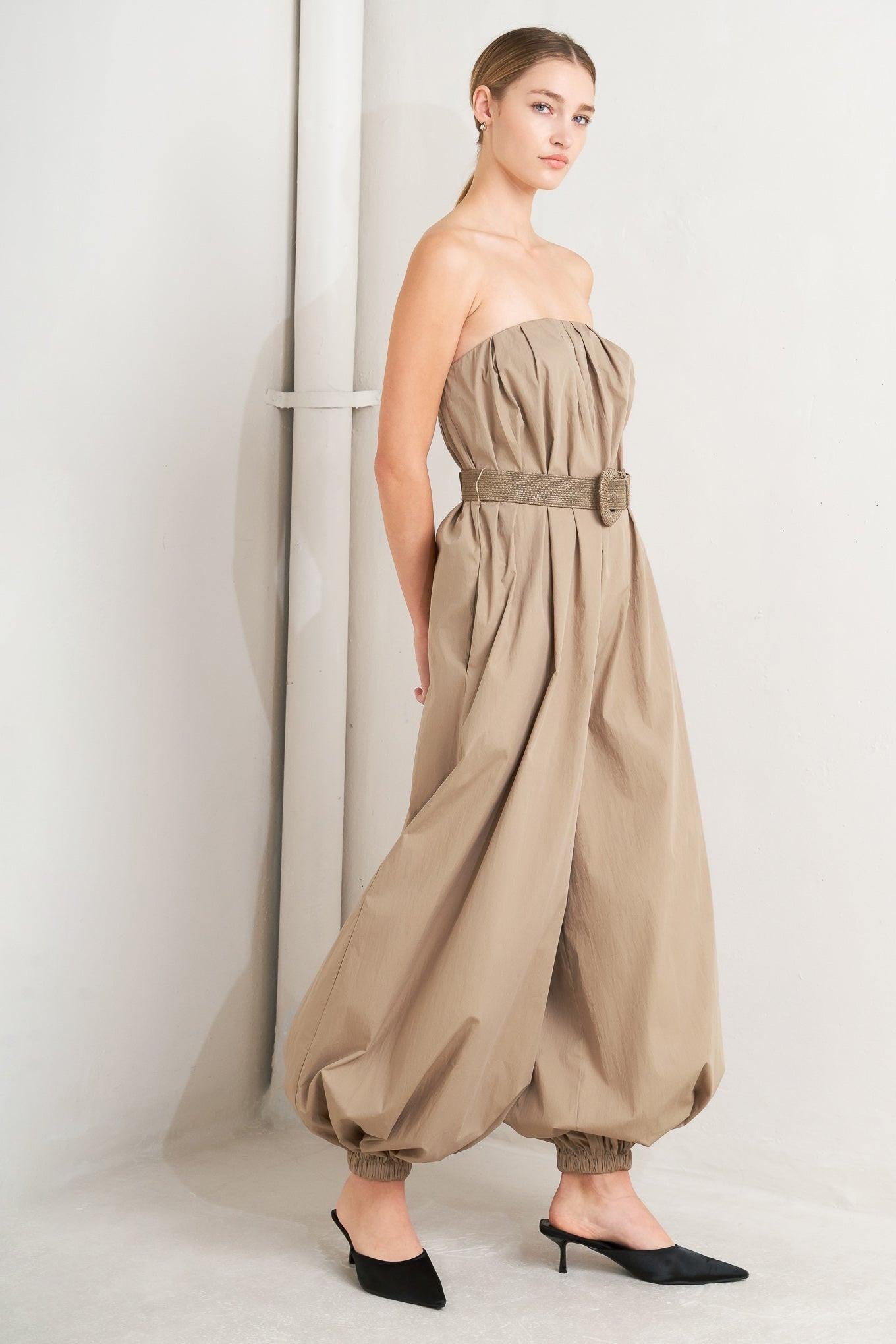 Quiet Sensuality Woven Jumpsuit in sand, view 3 — Soul Flow Apparel