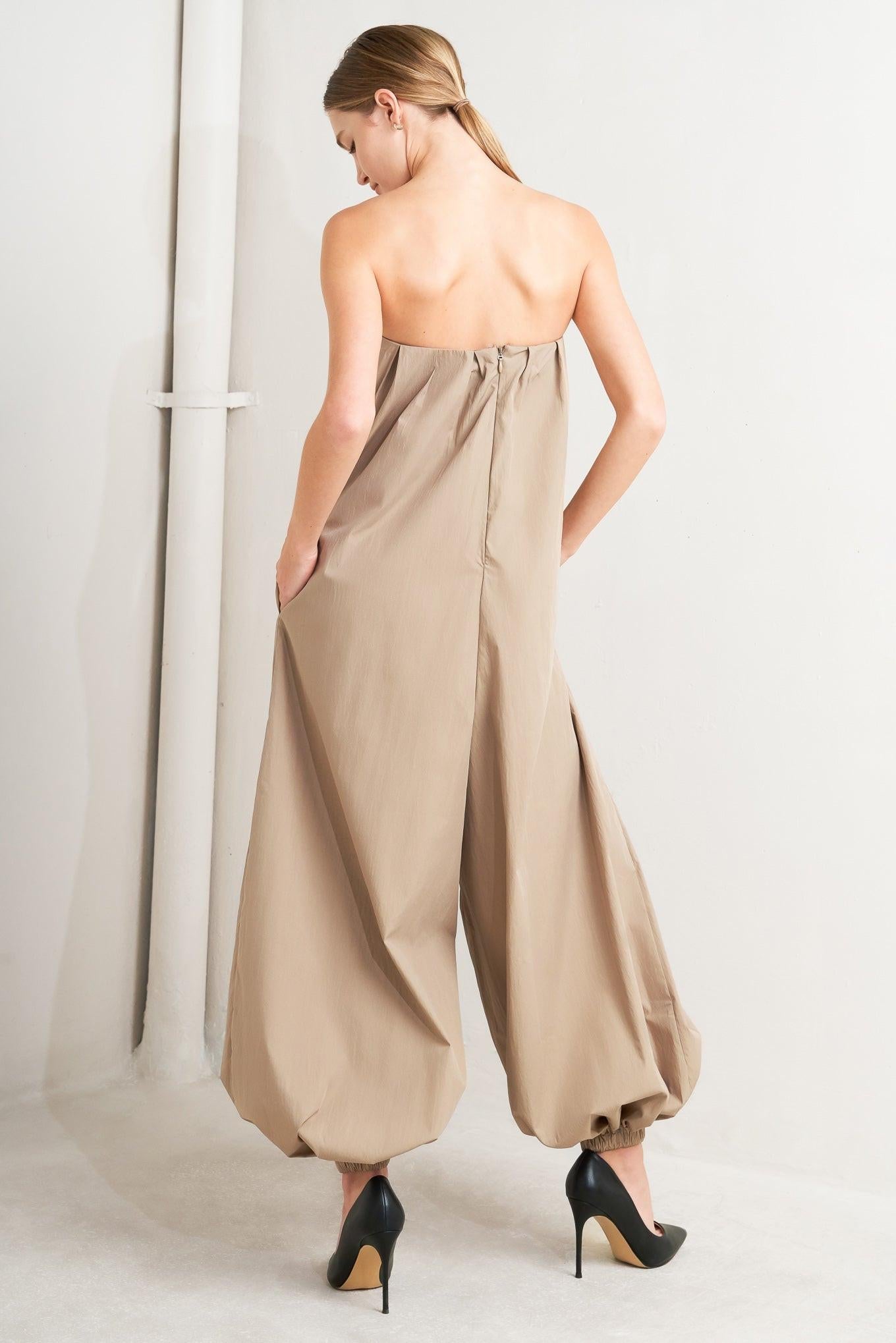 Quiet Sensuality Woven Jumpsuit in sand, view 4 — Soul Flow Apparel