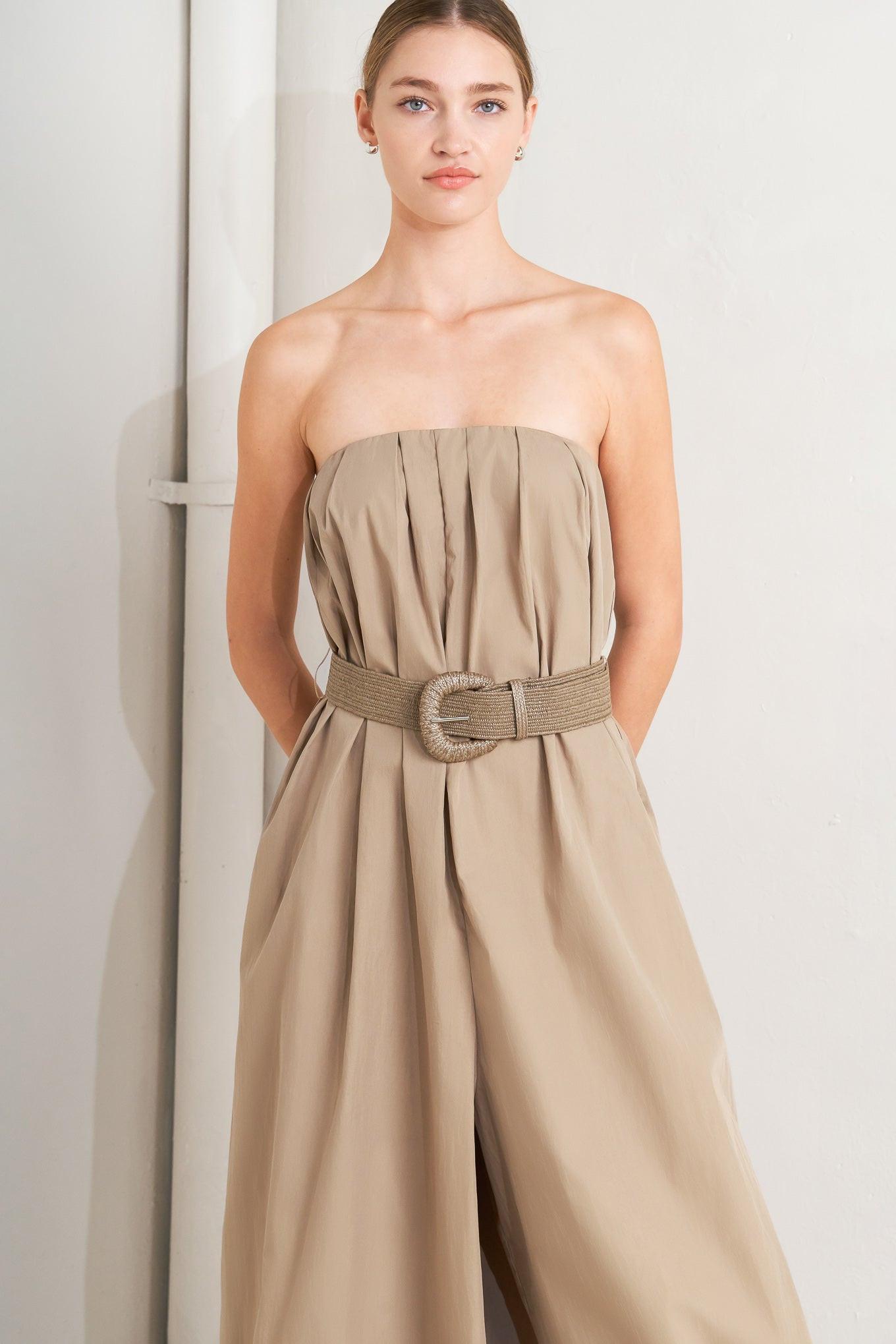 Quiet Sensuality Woven Jumpsuit in sand, view 5 — Soul Flow Apparel