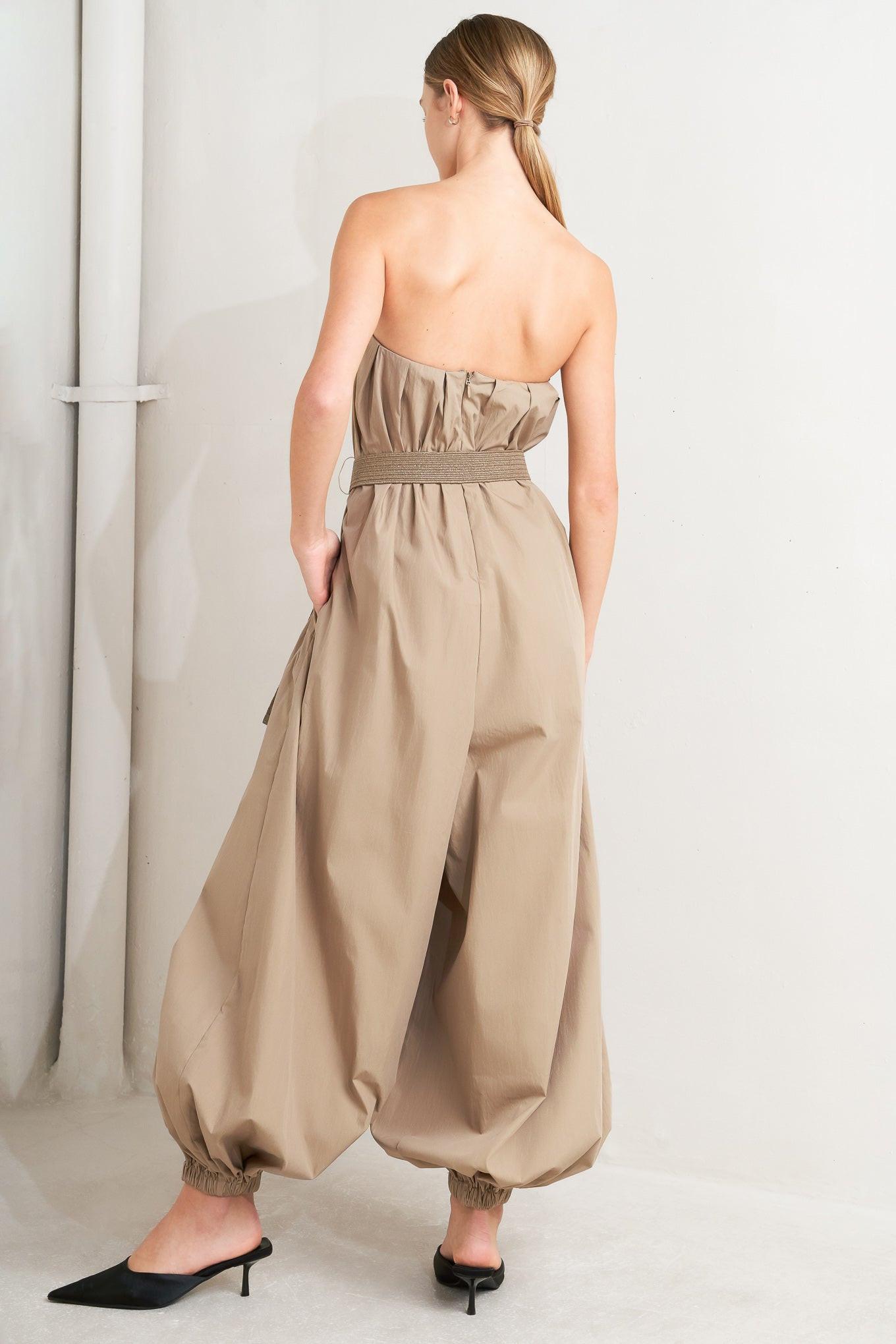 Quiet Sensuality Woven Jumpsuit in sand, view 7 — Soul Flow Apparel