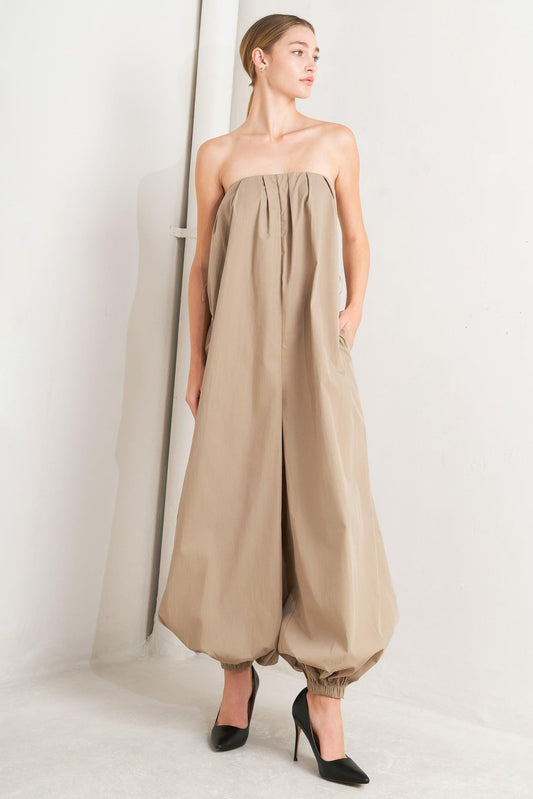 Quiet Sensuality Woven Jumpsuit in sand, view 8 — Soul Flow Apparel