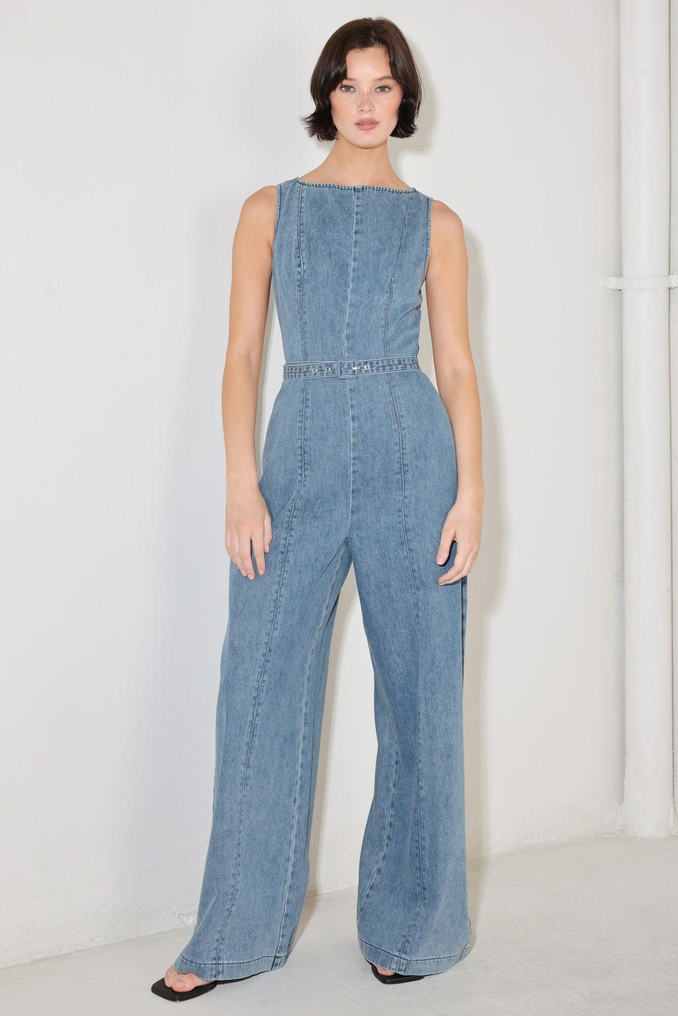 Elevated Edge Denim Jumpsuit in light, view 1 — Soul Flow Apparel