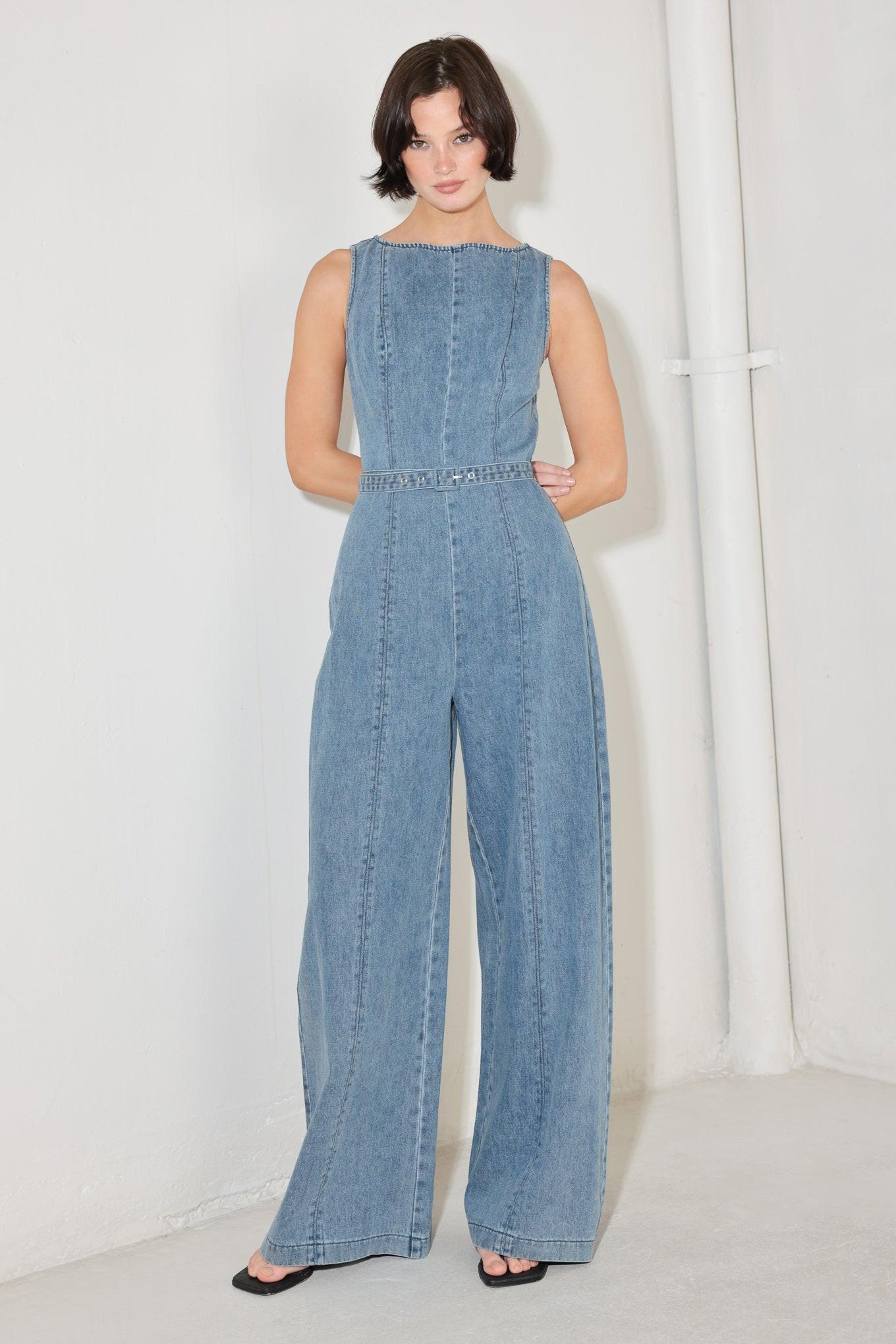 Elevated Edge Denim Jumpsuit in light, view 2 — Soul Flow Apparel