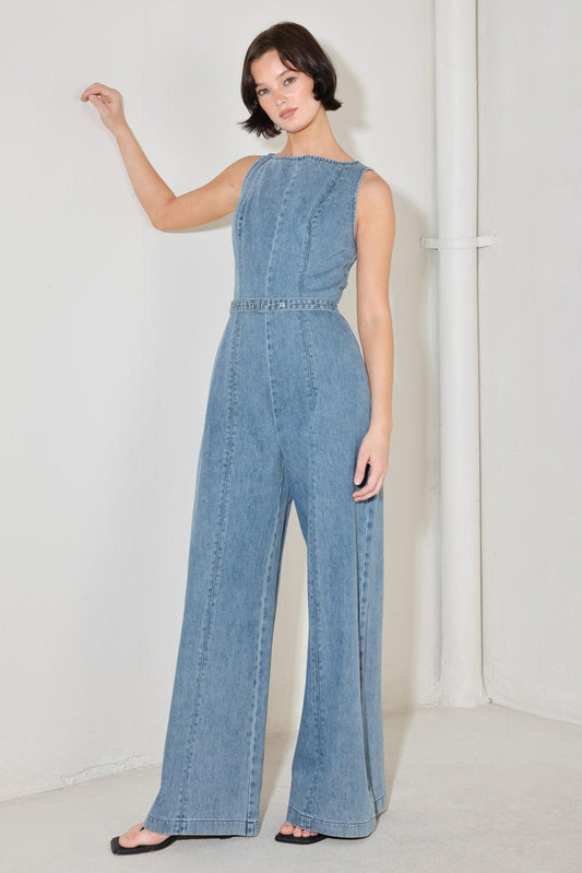 Elevated Edge Denim Jumpsuit in light, view 3 — Soul Flow Apparel