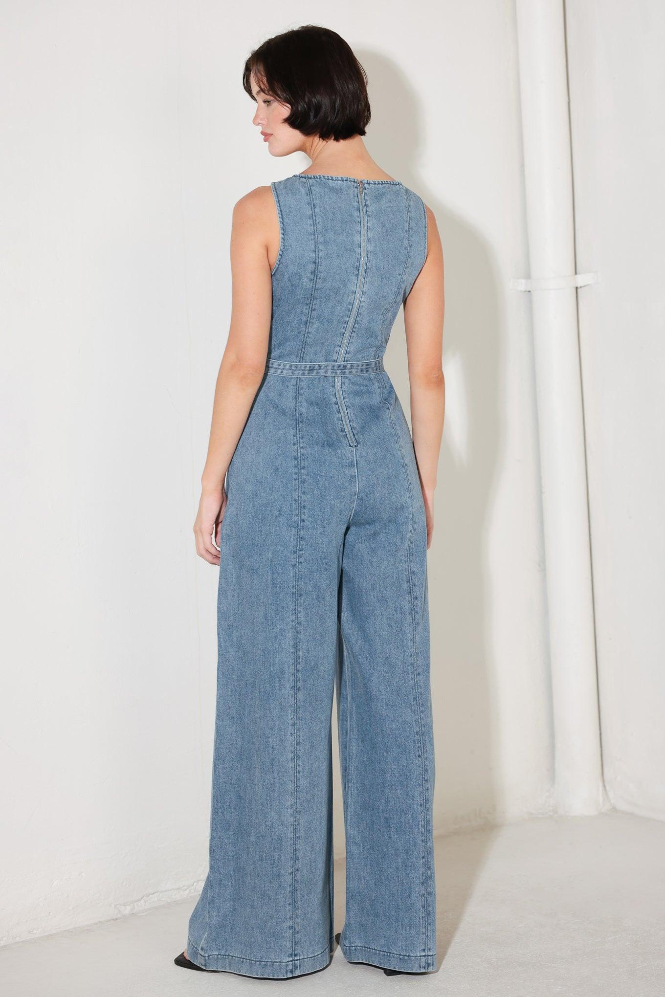 Elevated Edge Denim Jumpsuit in light, view 5 — Soul Flow Apparel