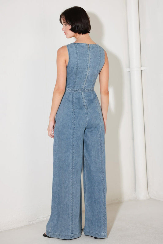 Elevated Edge Denim Jumpsuit in light, view 5 — Soul Flow Apparel