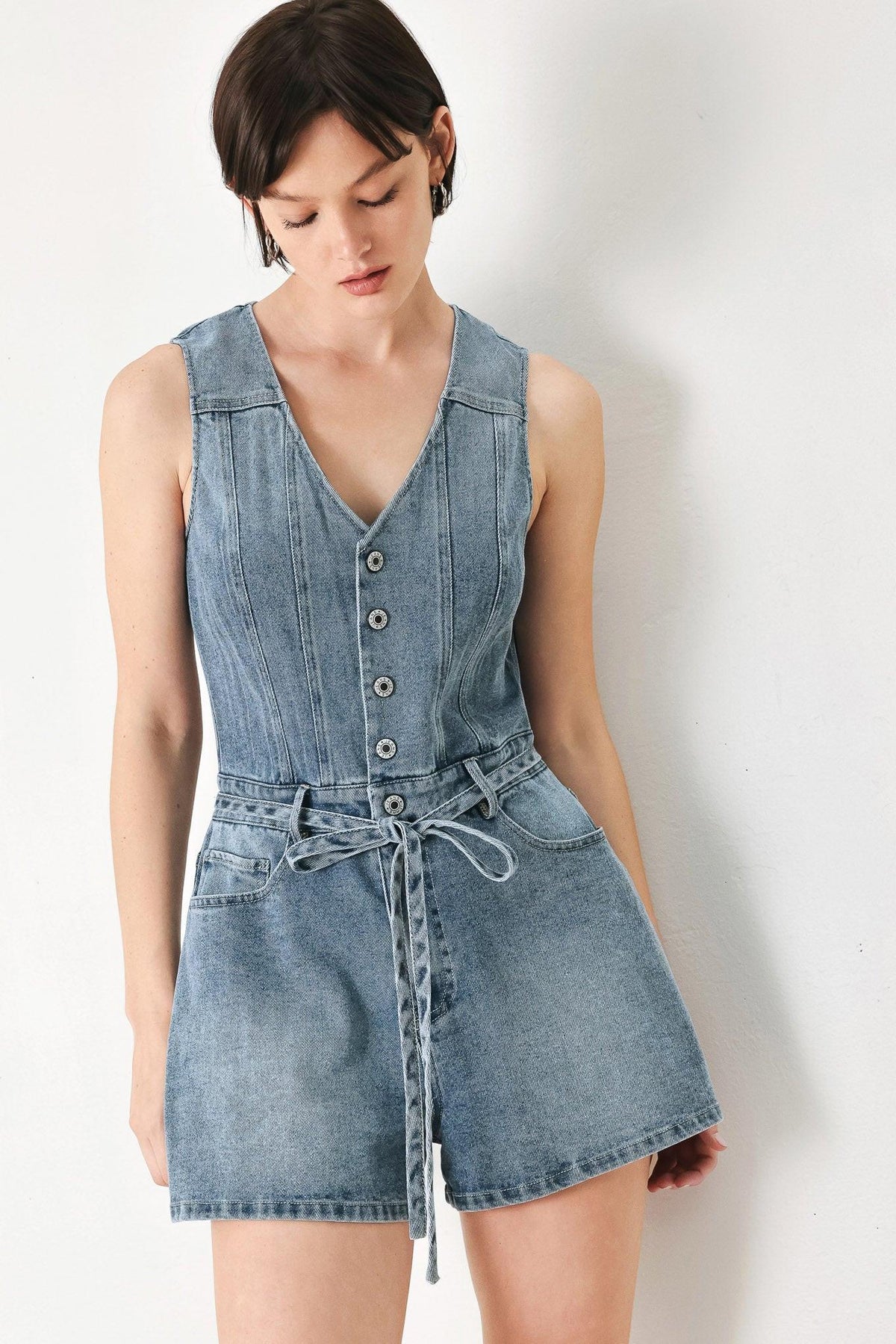 Relaxed Chic Denim Romper in light denim, view 2 — Soul Flow Apparel