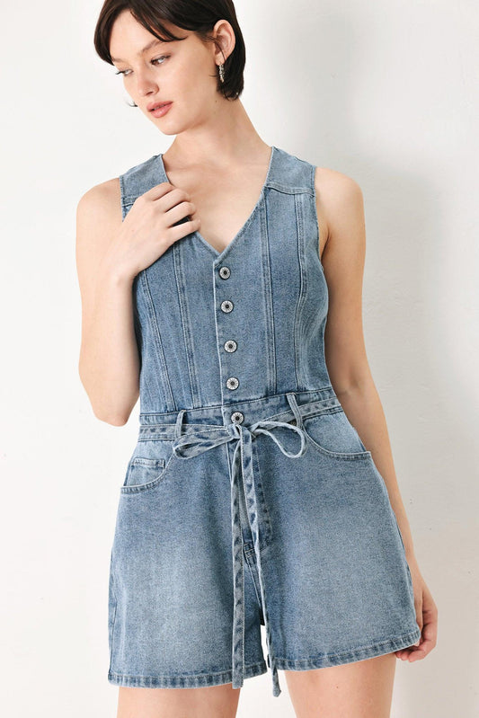 Relaxed Chic Denim Romper in light denim, view 3 — Soul Flow Apparel