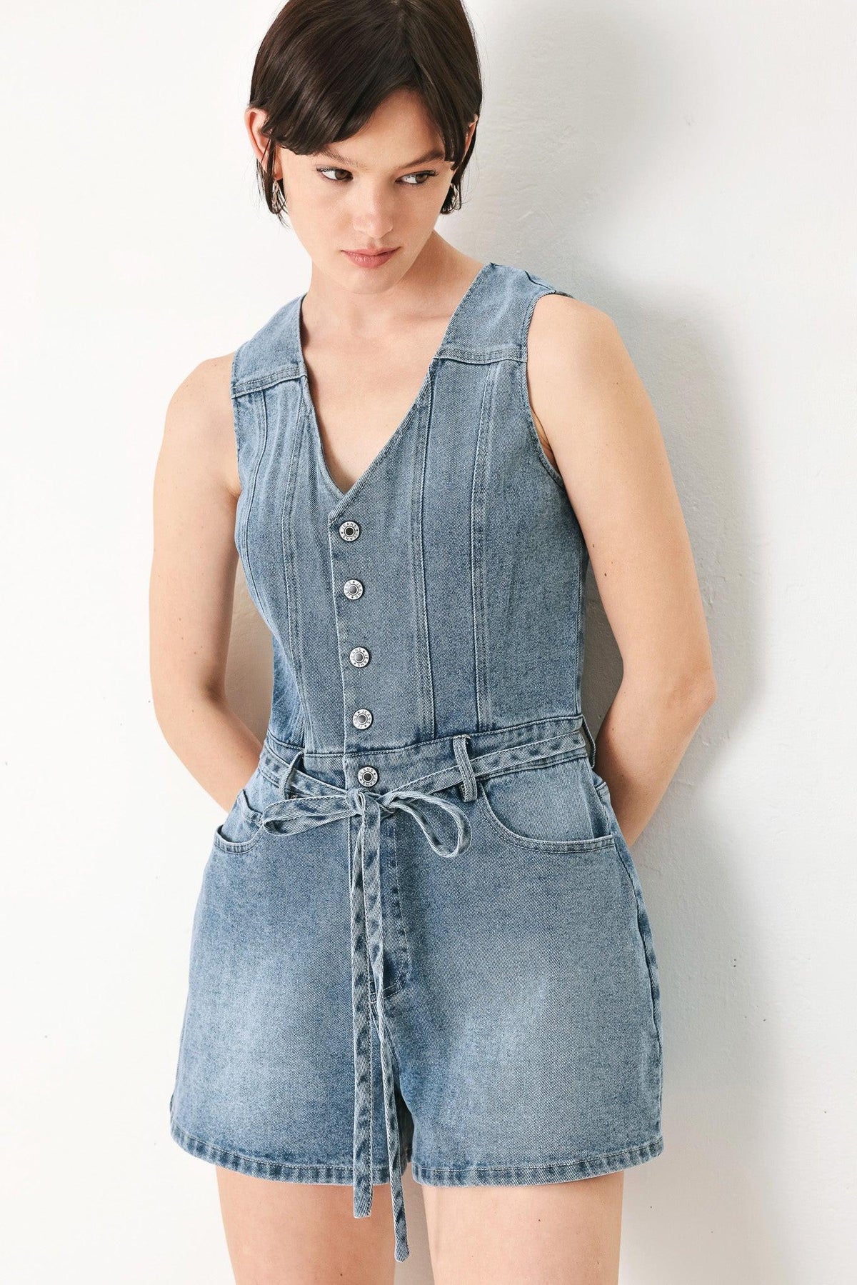 Relaxed Chic Denim Romper in light denim, view 4 — Soul Flow Apparel
