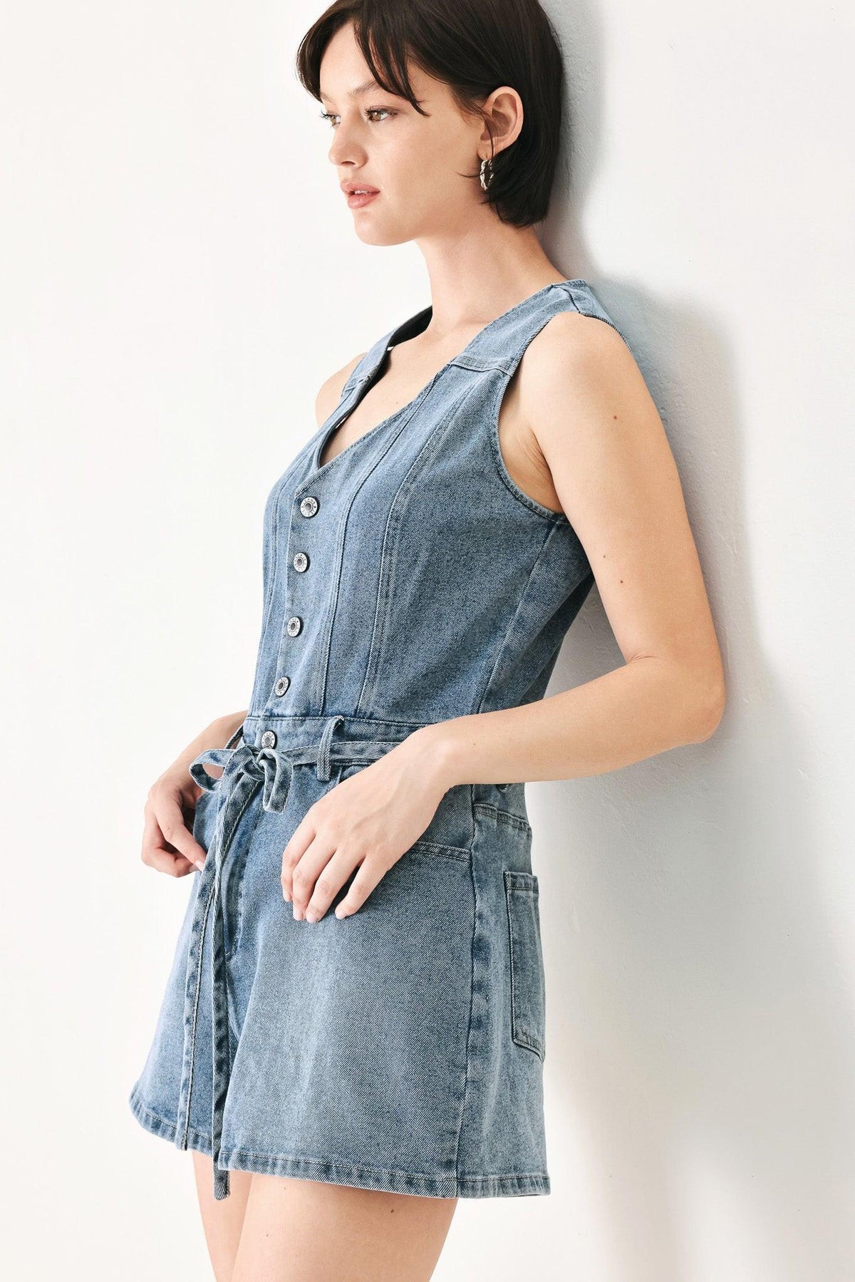 Relaxed Chic Denim Romper in light denim, view 5 — Soul Flow Apparel