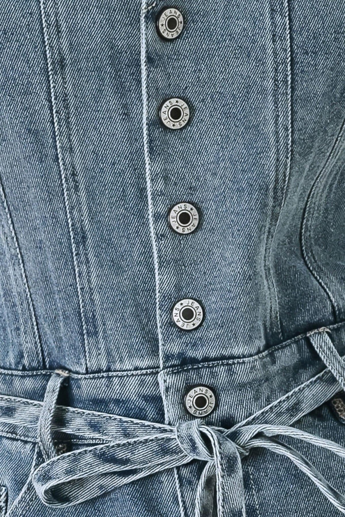 Relaxed Chic Denim Romper in light denim, fabric swatch — Soul Flow Apparel