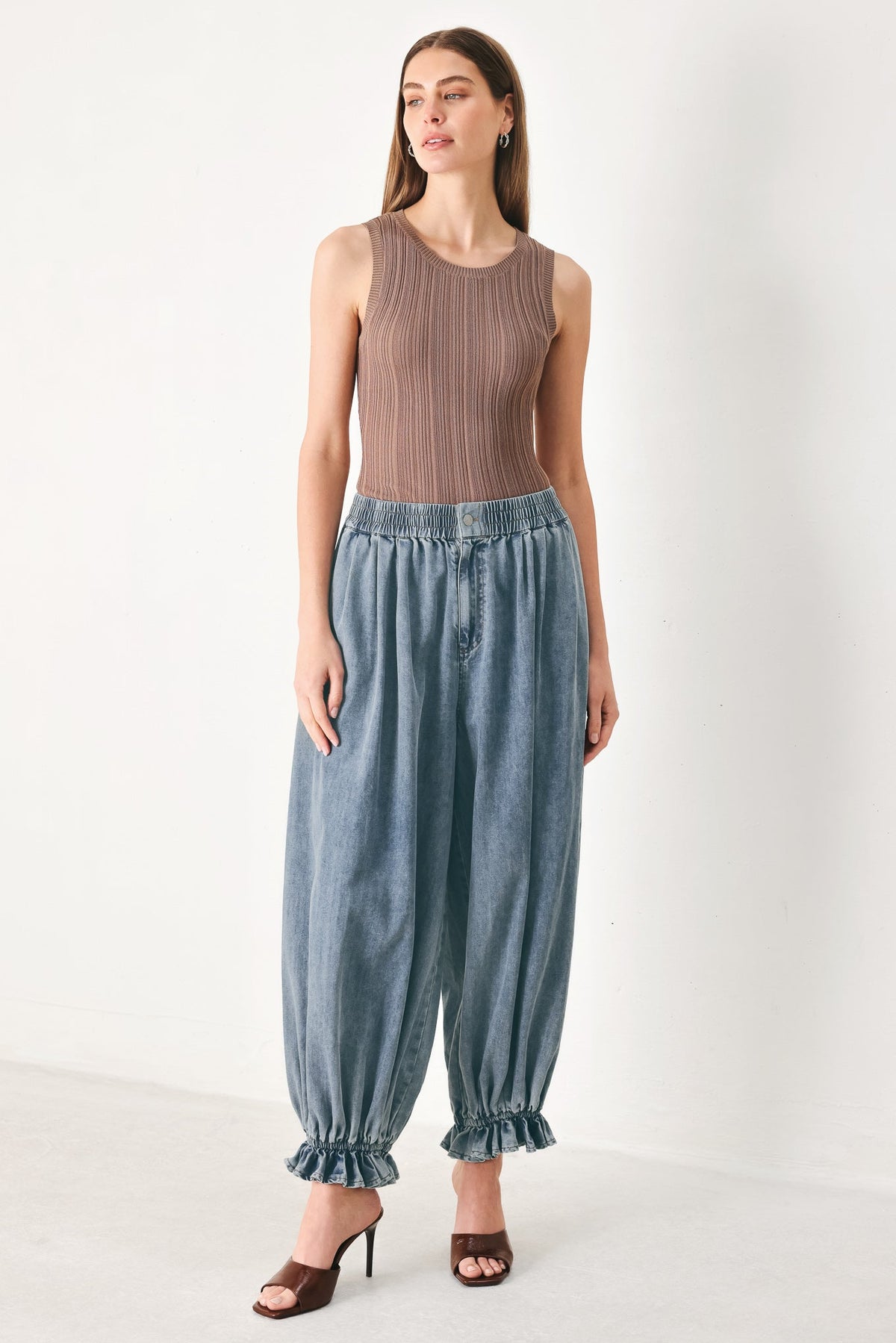 Easy Volume Denim Genie Pants in light indigo, view 1 — Soul Flow Apparel