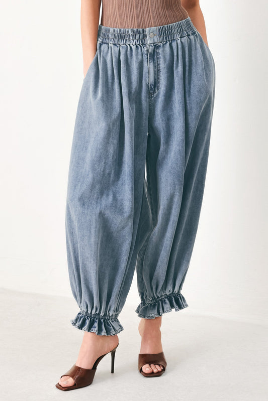Easy Volume Denim Genie Pants in light indigo, view 2 — Soul Flow Apparel