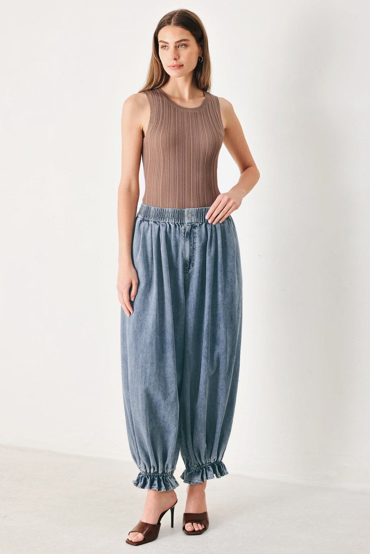 Easy Volume Denim Genie Pants in light indigo, view 3 — Soul Flow Apparel