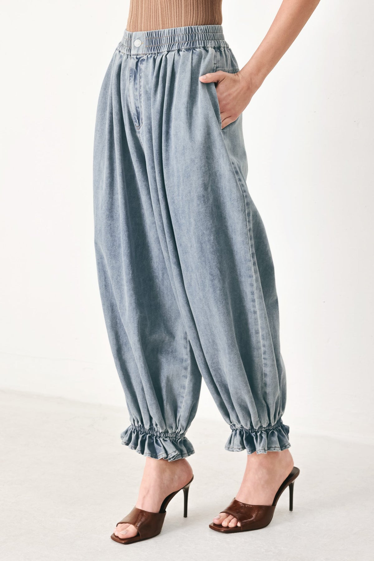 Easy Volume Denim Genie Pants in light indigo, view 4 — Soul Flow Apparel