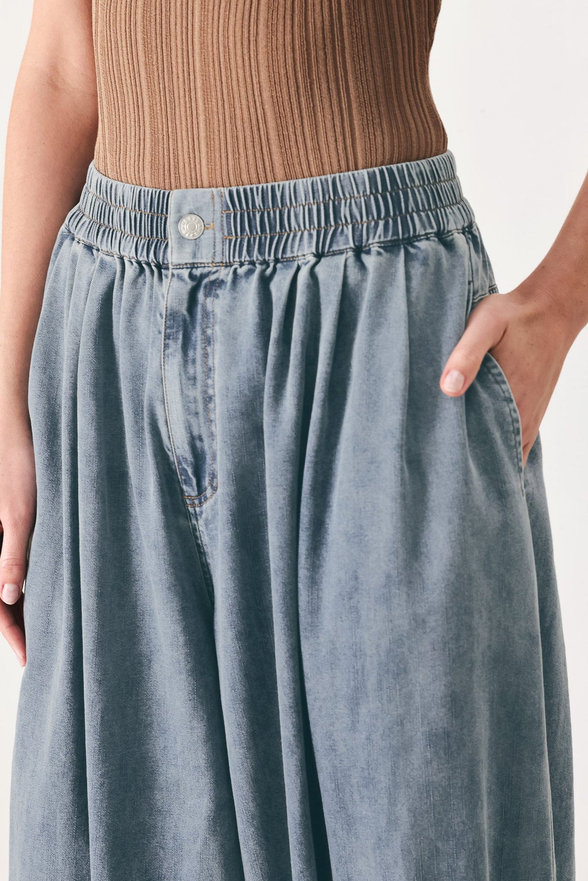 Easy Volume Denim Genie Pants in light indigo, view 5 — Soul Flow Apparel