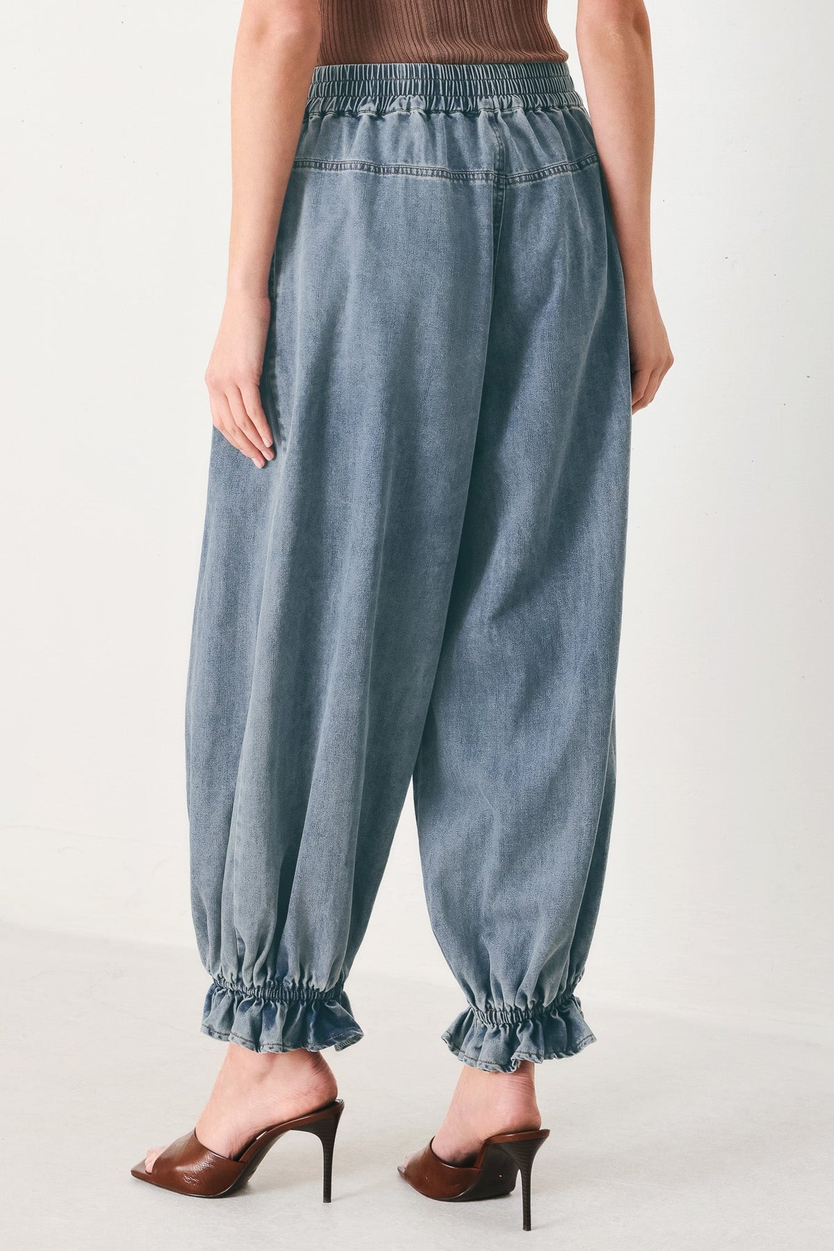 Easy Volume Denim Genie Pants in light indigo, view 6 — Soul Flow Apparel