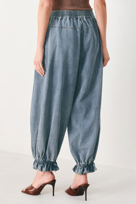 Easy Volume Denim Genie Pants in light indigo, view 6 — Soul Flow Apparel