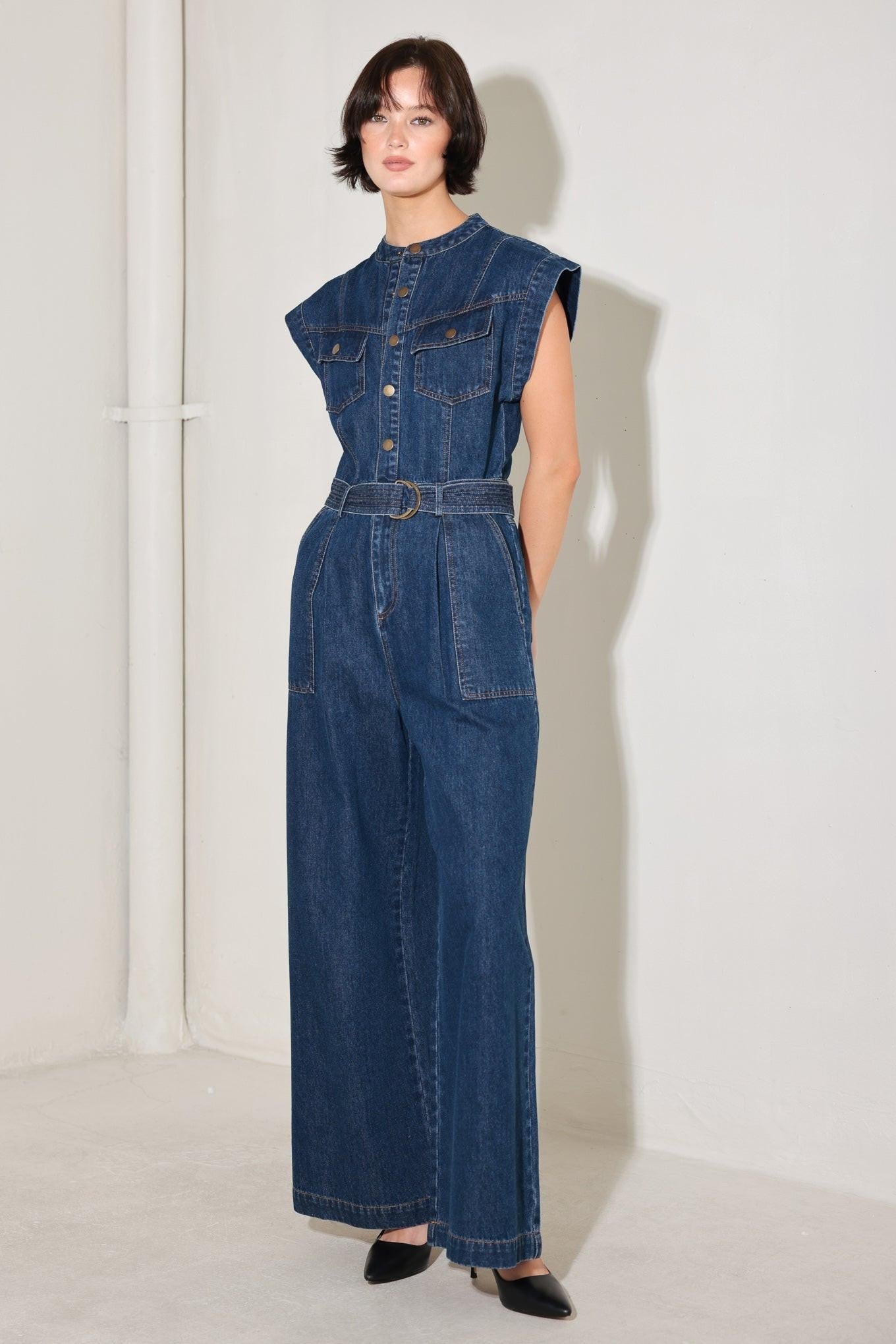 True Blue Love Denim Jumpsuit, view 2 — Soul Flow Apparel