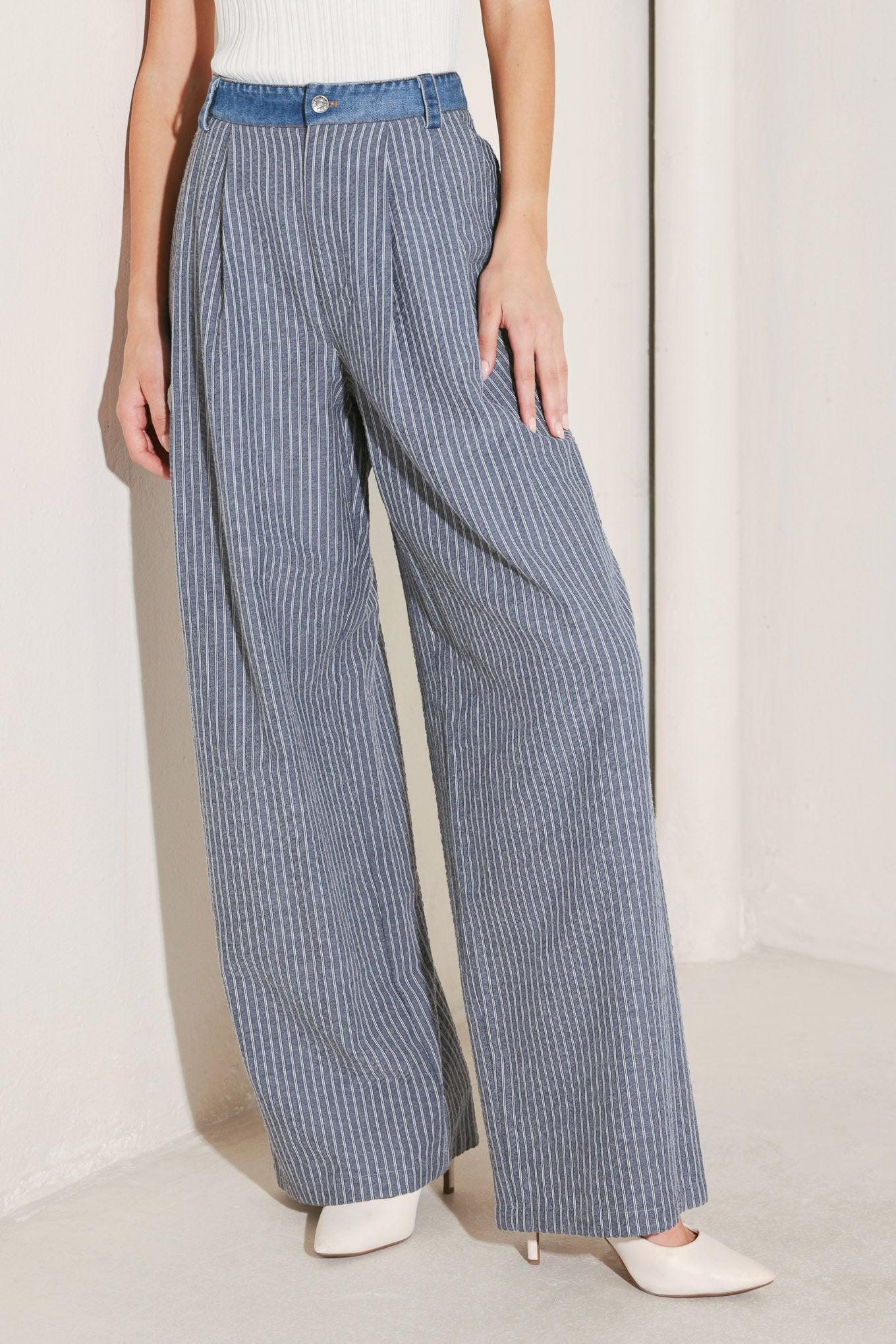 Marina Pinstripe Woven Seersucker Pants in navy, view 1 — Soul Flow Apparel