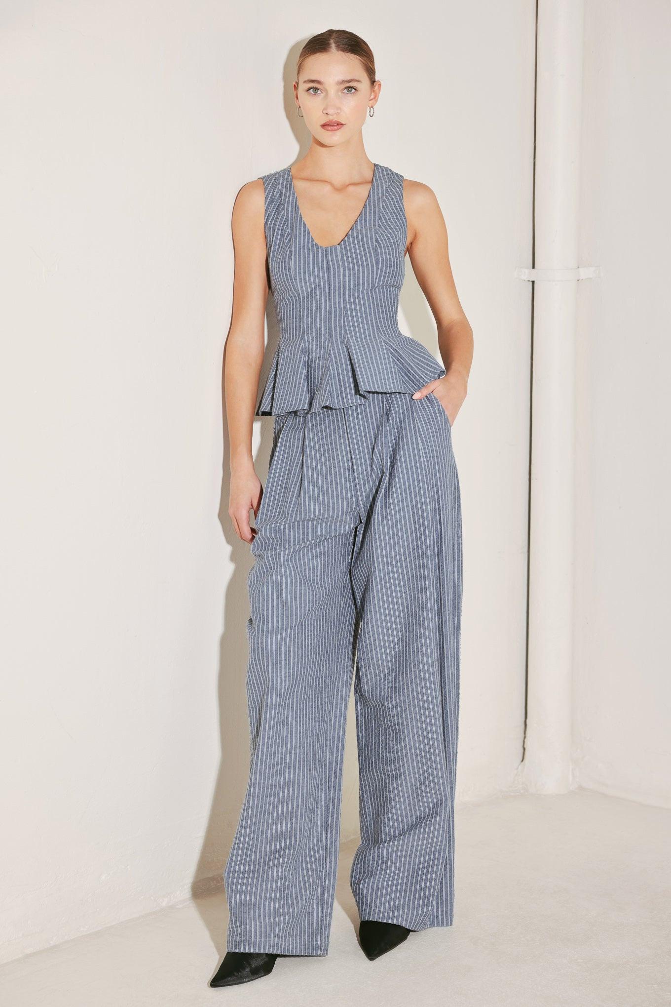 Marina Pinstripe Woven Seersucker Pants in navy, view 2 — Soul Flow Apparel