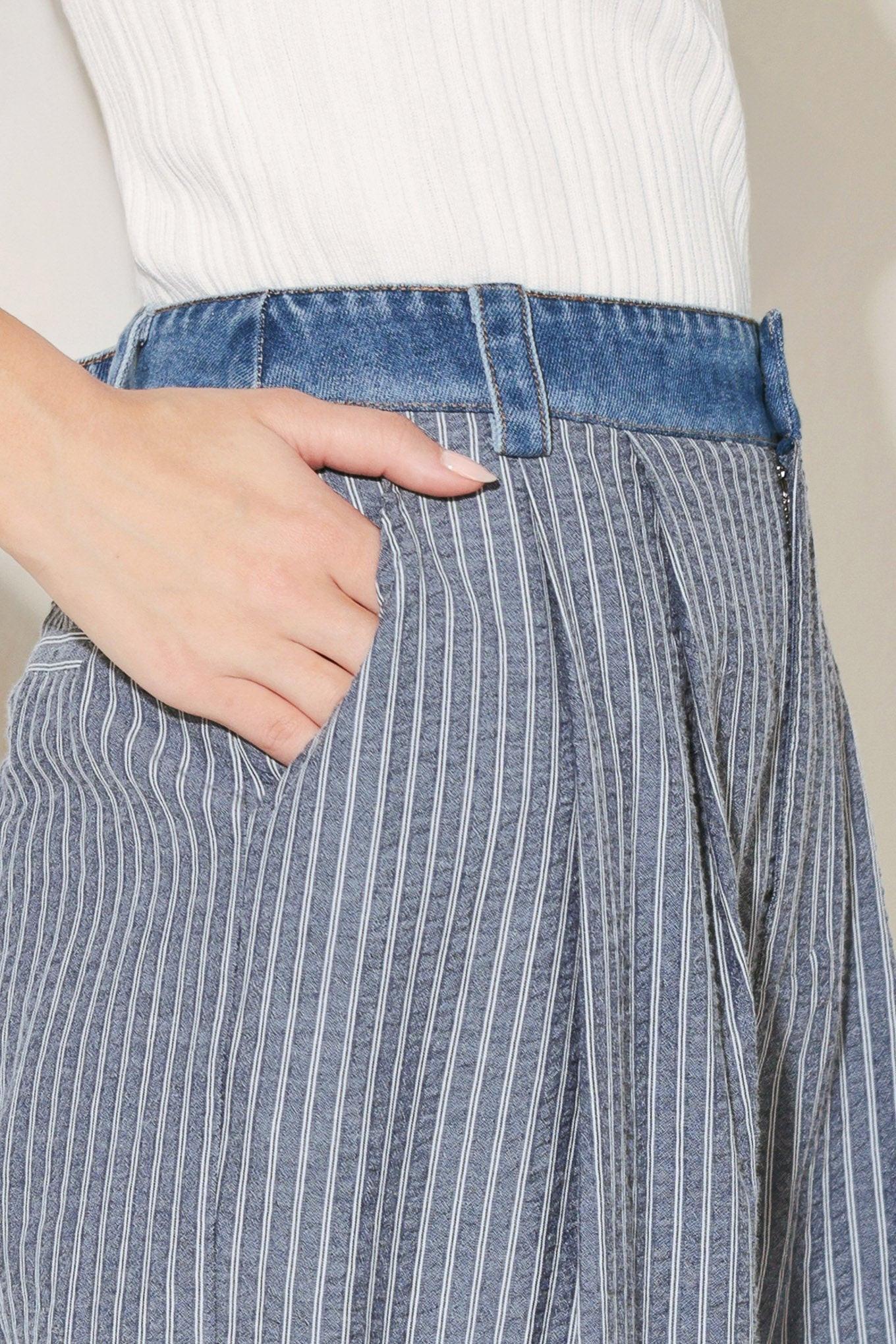 Marina Pinstripe Woven Seersucker Pants in navy, view 3 — Soul Flow Apparel