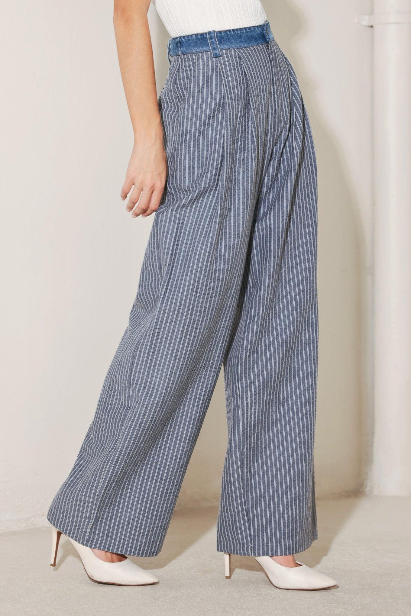 Marina Pinstripe Woven Seersucker Pants in navy, view 5 — Soul Flow Apparel