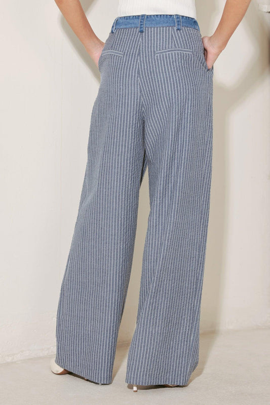 Marina Pinstripe Woven Seersucker Pants in navy, view 7 — Soul Flow Apparel